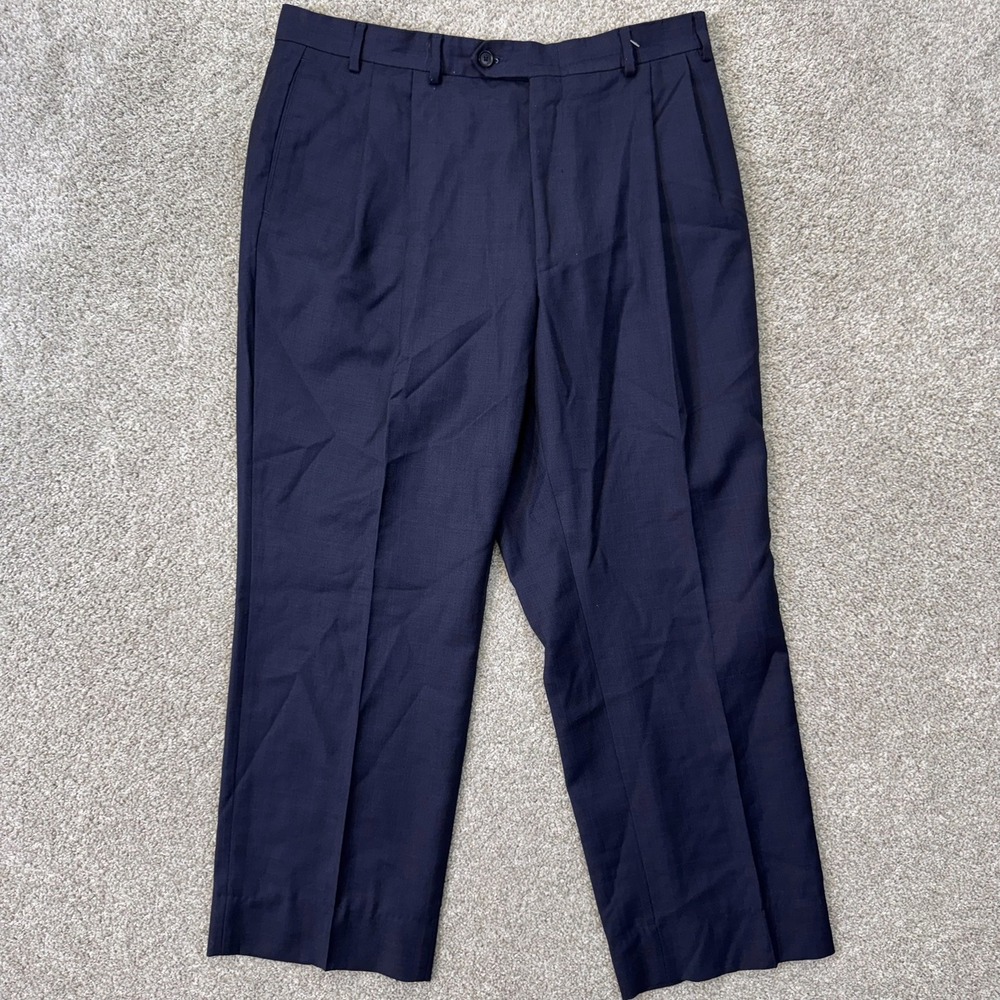 Oscar de la Renta Wool Dress Pants Mens 38x28 KG11 Navy Blue Pleated EUC